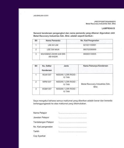 Scan of Lampiran B registered vehicle list