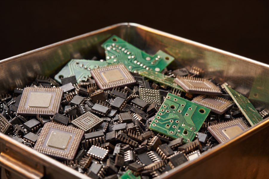 Tray of rejected integrated circuits and printed circuit board fragments